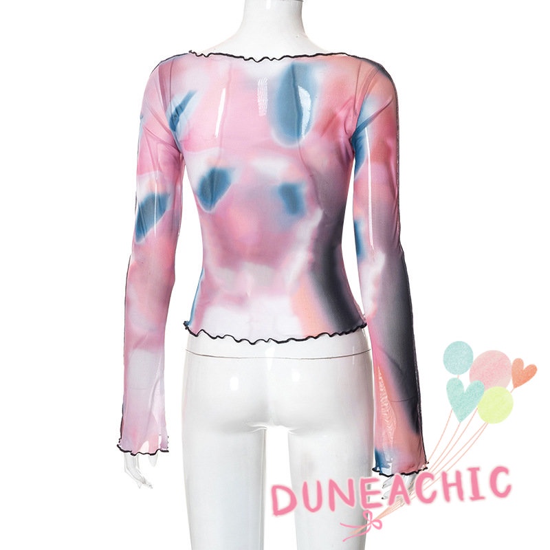 DUNEA Áo Thun Tay Dài In Họa Tiết Phối Lưới Thời Trang Cho Nữ