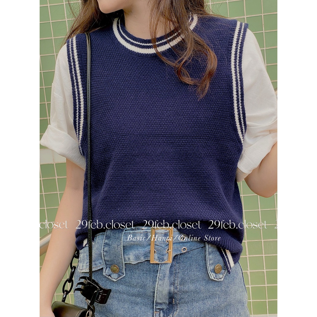 [Ảnh thật/Video] Áo gile len cổ tròn viền xẻ vạt - 29feb.closet - A96