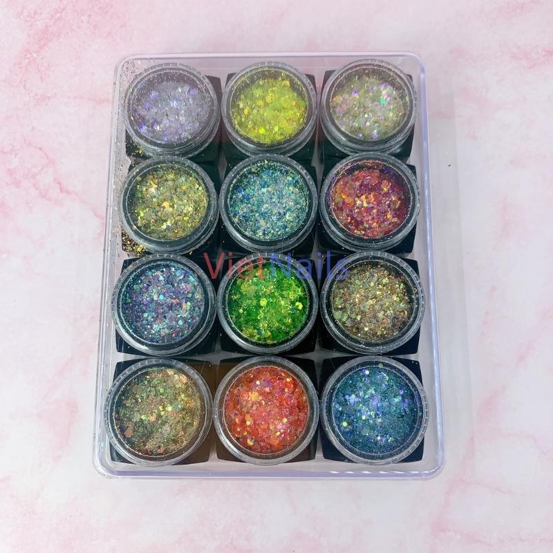Set nhũ kim tuyến vảy cá 12 màu trang trí móng nail