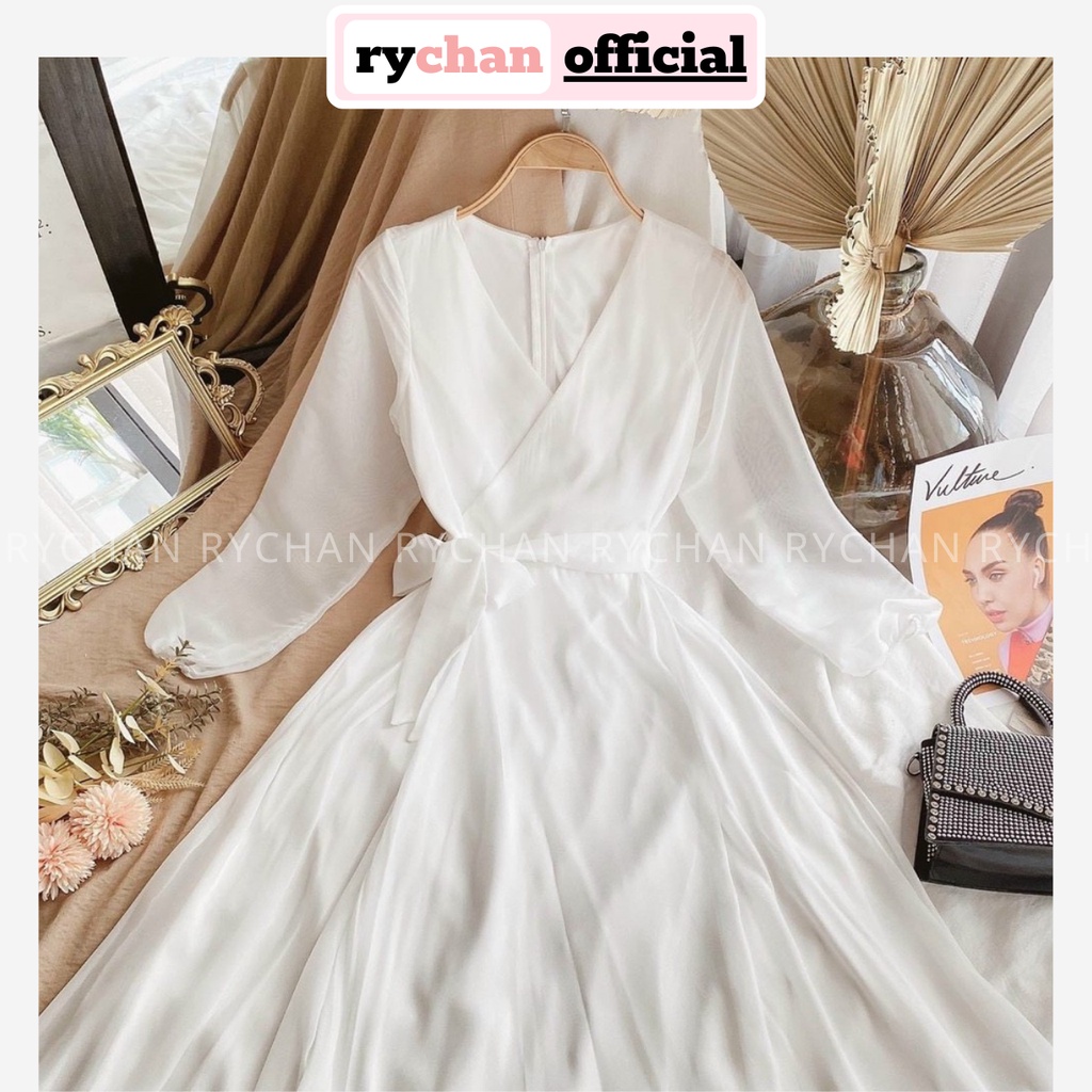 Đầm Xòe Midi Trắng Đắp Tà Cột Eo Dài Tay Lót Trong Dày Dặn [Ảnh Thật Cuối] - DX0041