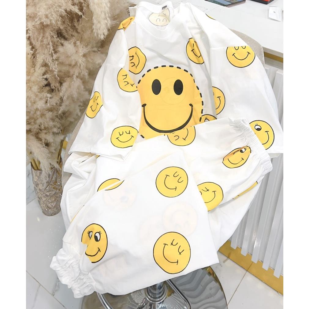 Set Áo Thun Nam Nữ Form Rộng Hàn Quốc Mặt Cười- Bộ Đùi Tay Lỡ  Dày Mịn Thoáng Mát Thiết Kế  Kiểu Dáng Năng Động Trẻ Thun