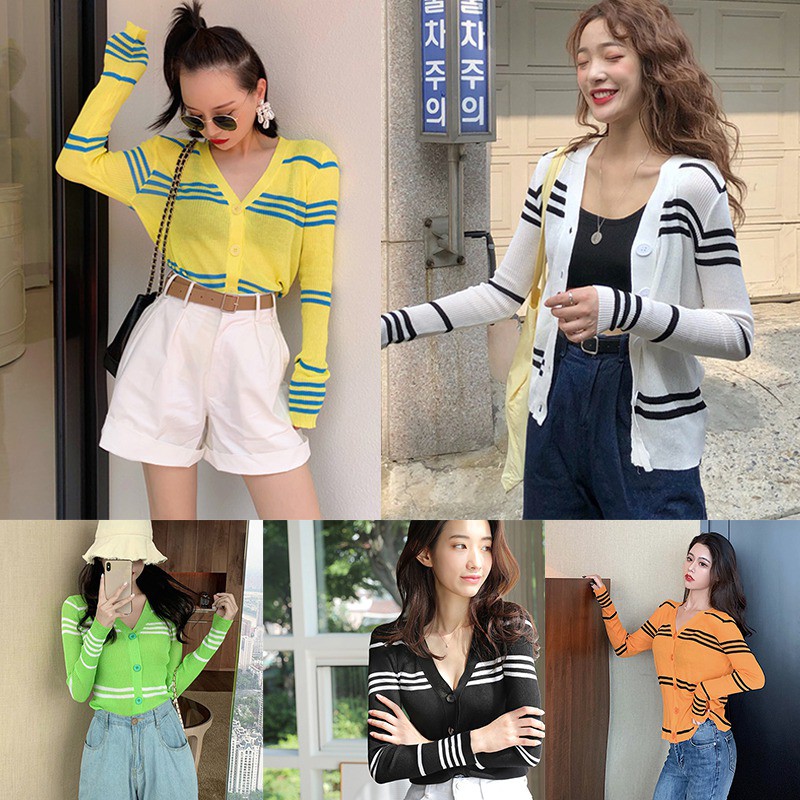 Áo thun len nữ tay dài cổ chữ V kiểu Hàn Quốc