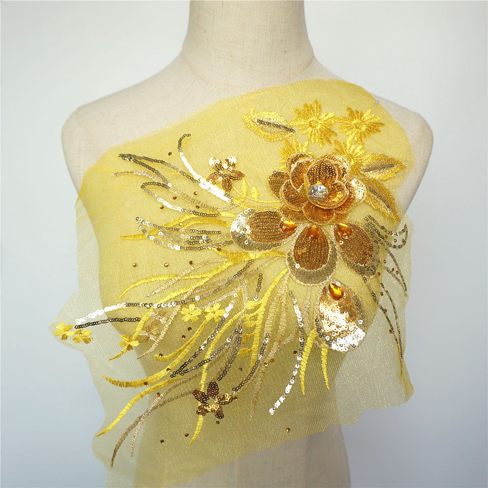 Miếng Vải Ren Thêu Hình Lông Công Đính Kim Sa Lấp Lánh Trang Trí Váy Cưới diy