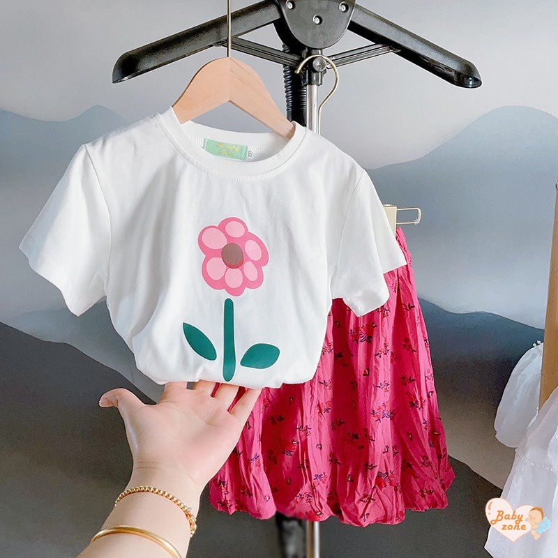 Set Áo Hoa Và Chân Váy Xếp Ly Phong Cách Hàn Quốc Cho Bé Gái