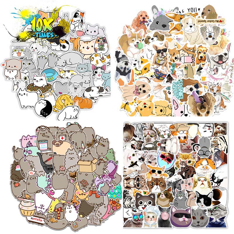 set 50 sticker chủ đề mèo cún dễ thương dán máy tính, điện thoại,lap top, sticker dán mũ bảo hiểm, valy phong cách