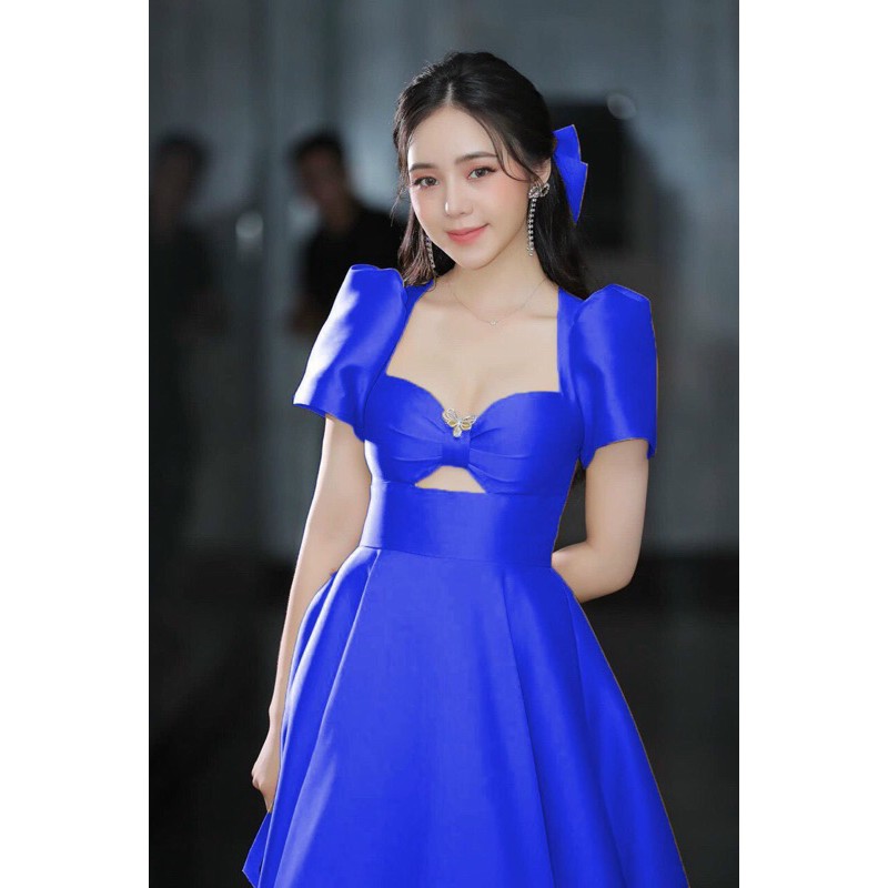 ĐẦM XOÈ TAY PHỒNG KHOÉT NGỰC - kèm nơ cài tóc  .