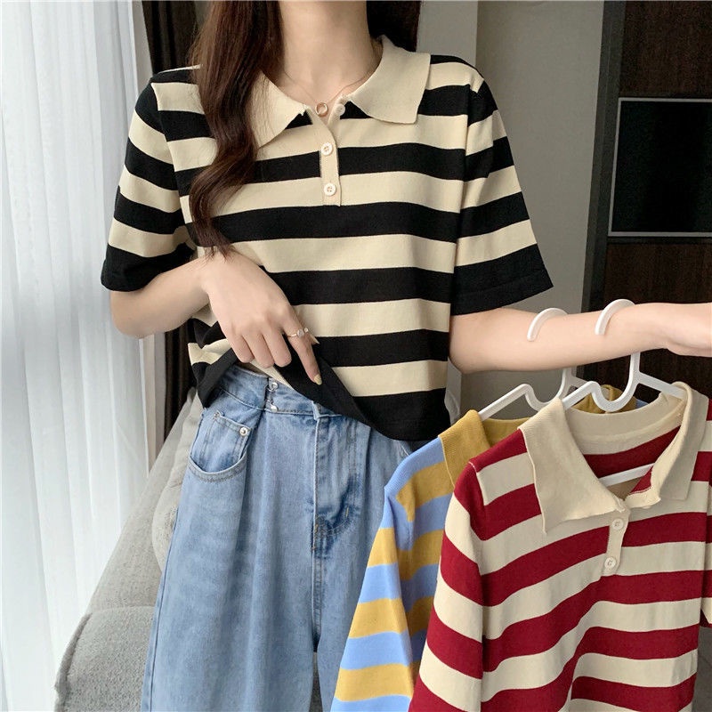HPCL📣Áo Sweater ngắn tay họa tiết kẻ sọc phong cách Hàn quốc | BigBuy360 - bigbuy360.vn