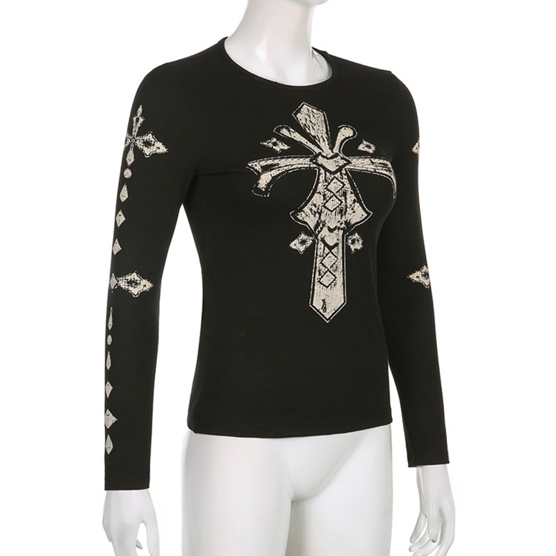 Áo Thun Tay Dài In Chữ Thập Phong Cách Vintage Thời Trang Mùa Thu Cho Nữ