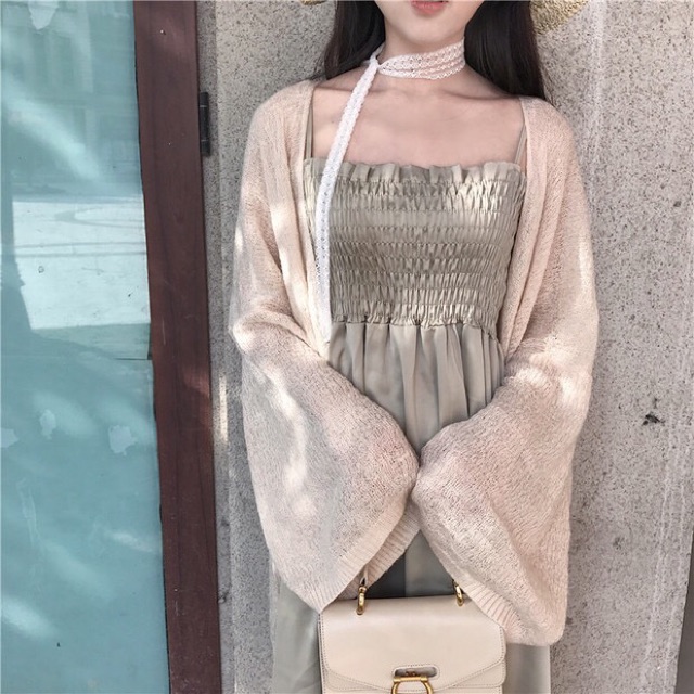 [ Sẵn Be & Trắng Dài ] Áo khoác len mỏng/Áo choàng len mỏng/Khoác cardigan (có ảnh thật)