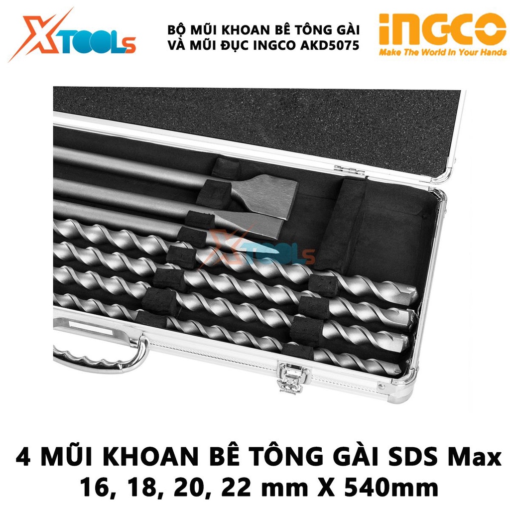 Bộ mũi khoan bê tông gài SDS Max và mũi đục INGCO AKD5075,Bộ 4 mũi khoan bê tông gài, 3 mũi đục  [CHÍNH HÃNG] [XTOOLs]