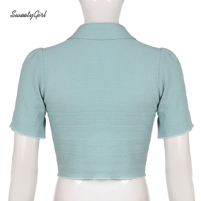 Áo Sơ Mi Tay Ngắn Cổ Bẻ Cài Nút Dáng Ôm Màu Trơn 2022 Thời Trang Cho Nữ