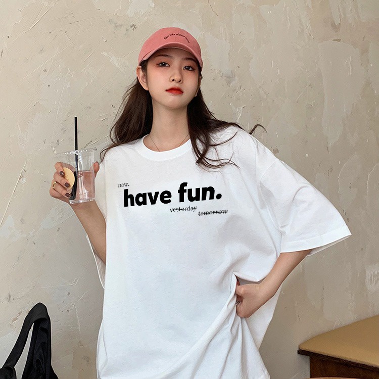 Áo thun nữ ngắn tay phiên bản Hàn Quốc in chữ rời phong cách Hồng Kông Harajuku cổ điển