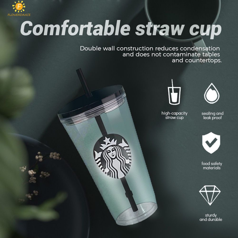 Bình Giữ Nhiệt Cao Cấp Starbucks Sippy Cup Mùa Hè Cốc Nước Có Ống Hút Nước Bong Bóng Trà 2 Lớp Trong Suốt Cốc Cà Phê Đen 470 ML FLOWERDANCE