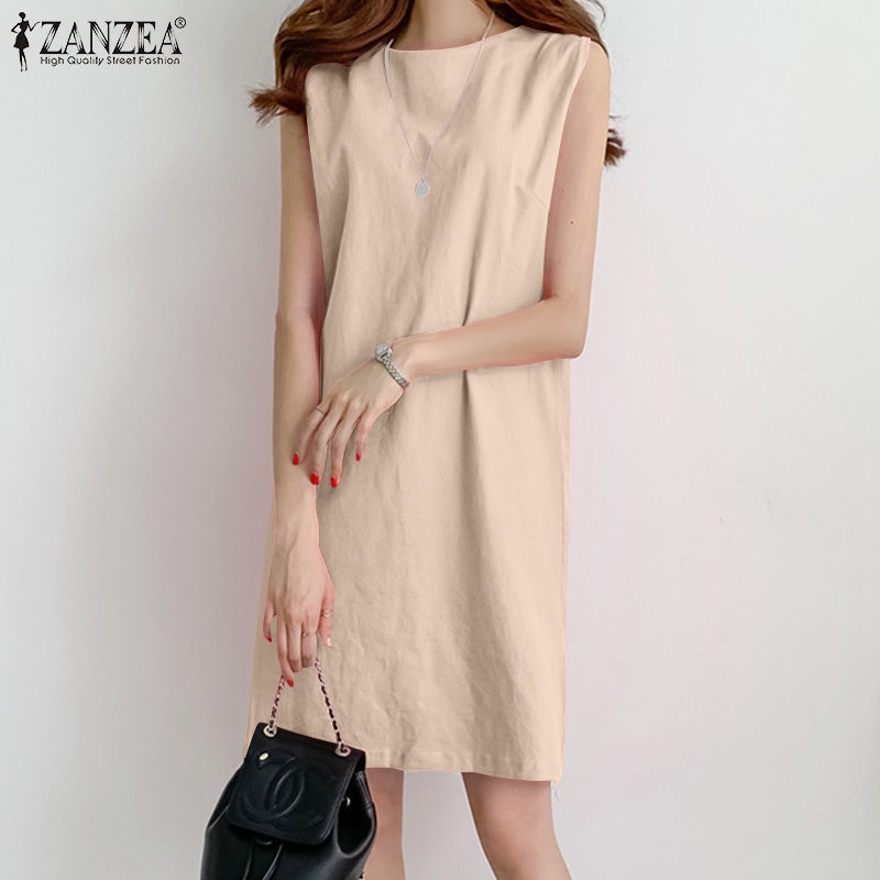 Đầm ngắn Zanzea không tay cổ tròn màu trơn đơn giản phong cách Hàn Quốc dành cho nữ
