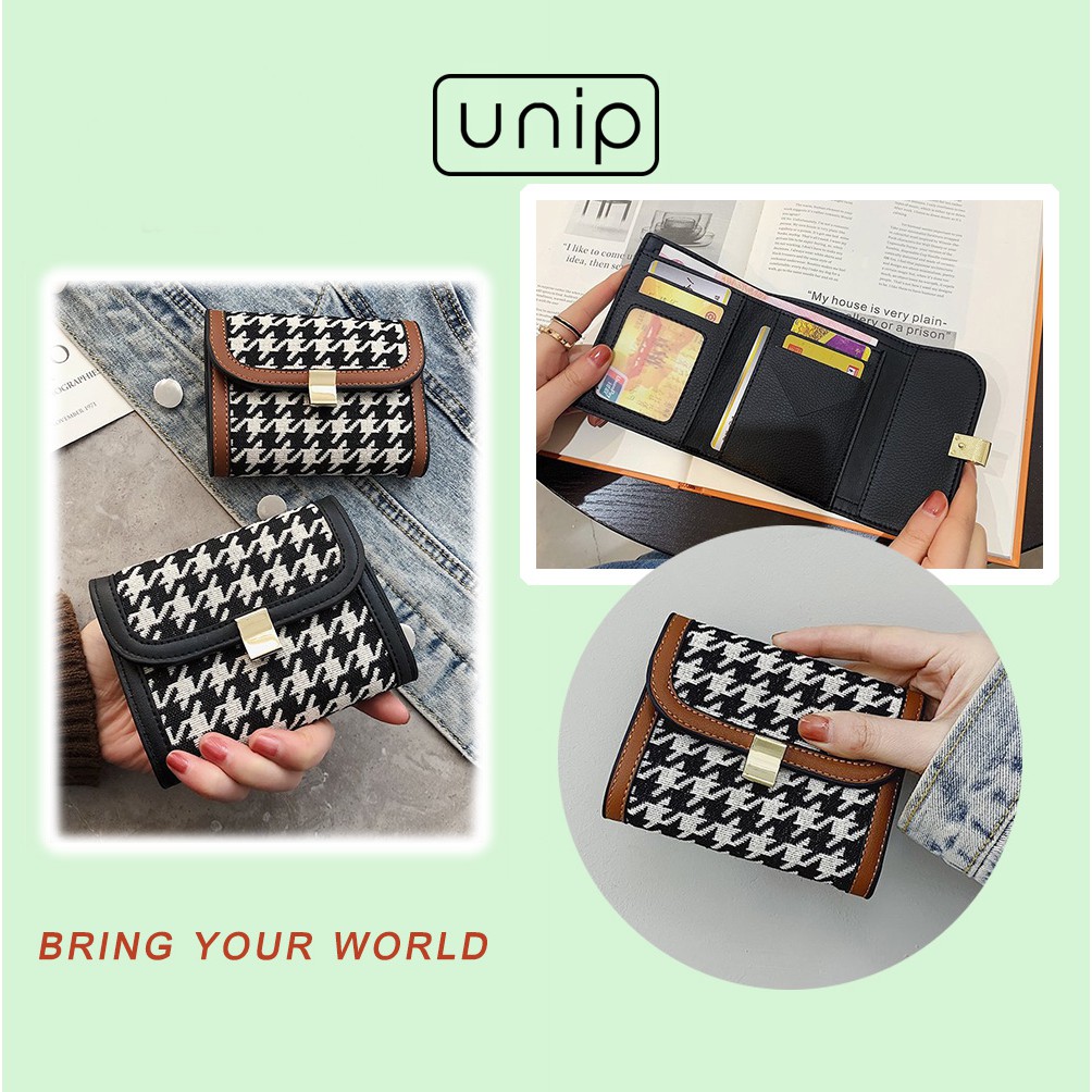 Ví mini cầm tay Houndstooth kiểu Hàn thanh lịch khóa Vuông - UniP