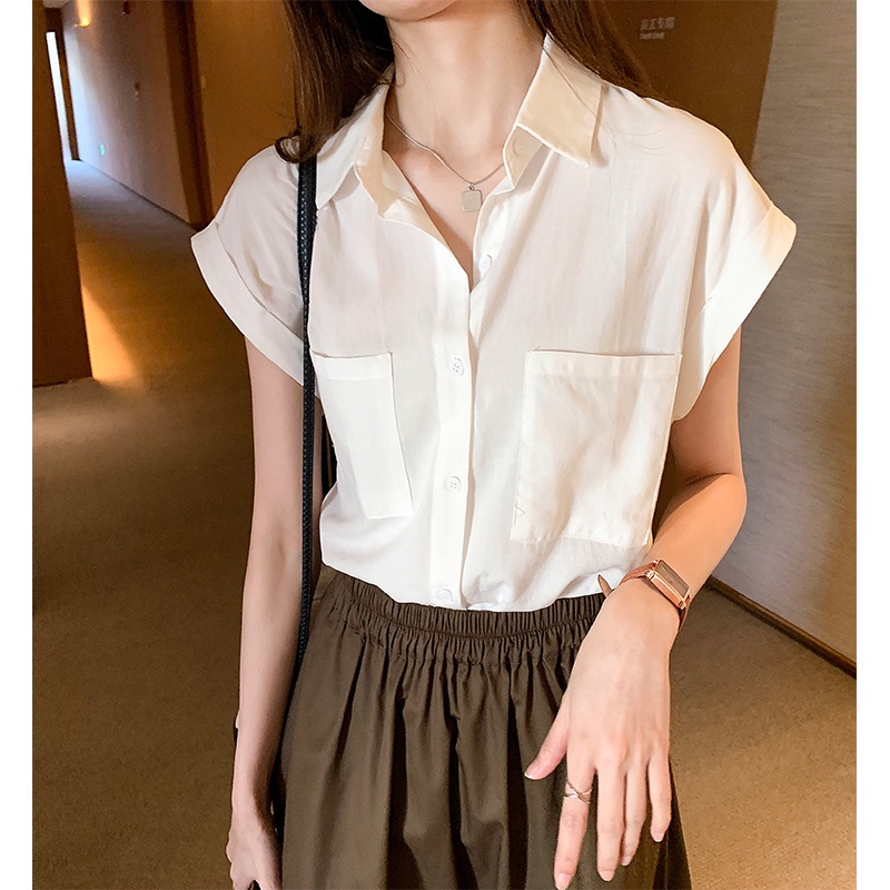 Áo sơ mi trơn ngắn tay dáng rộng thời trang hè 2021 đơn giản cổ điển cho nữ