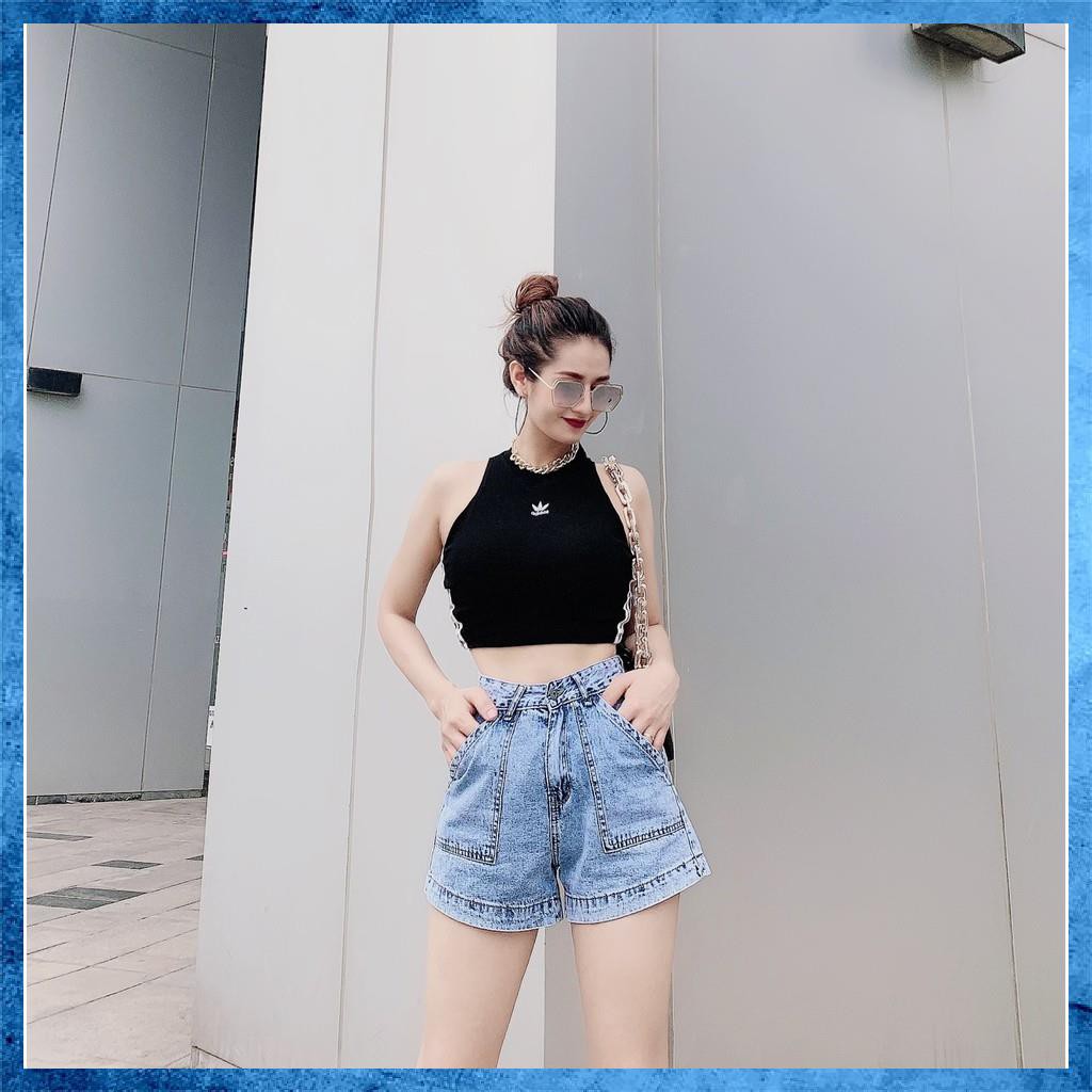 [Jeans nữ thiết kế] Quần shorts jeans trơn, quần sooc bò lưng cao túi hộp 1 khuy. Mã S9095