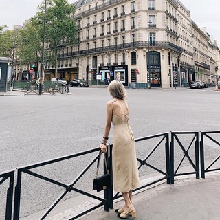 ĐẦM NUDE 2 DÂY CỔ ĐỔ XẺ TÀ