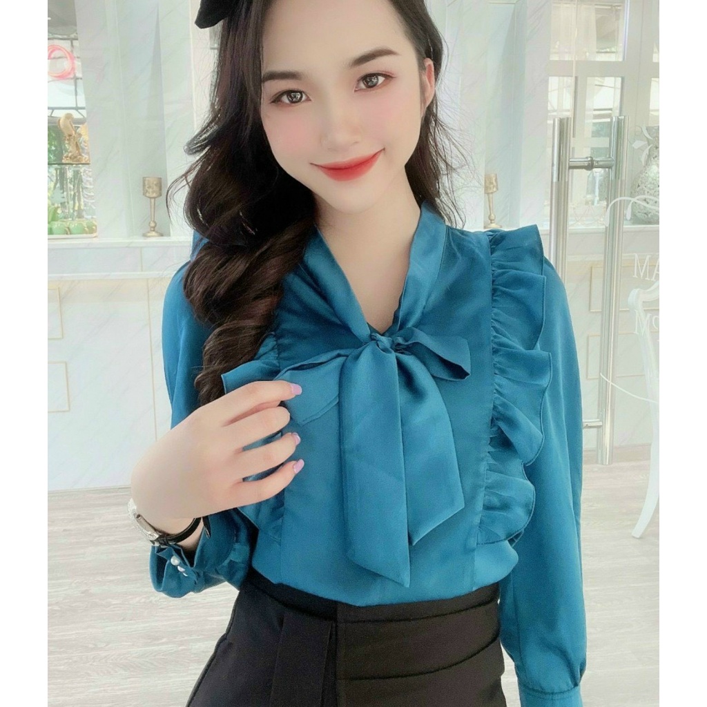 Áo sơ mi nữ lụa trơn dài tay cao cấp công sở thiết kế nơ cổ bèo vai tay bồng thanh lịch, áo sơ mi thiết kế MQ Boutique