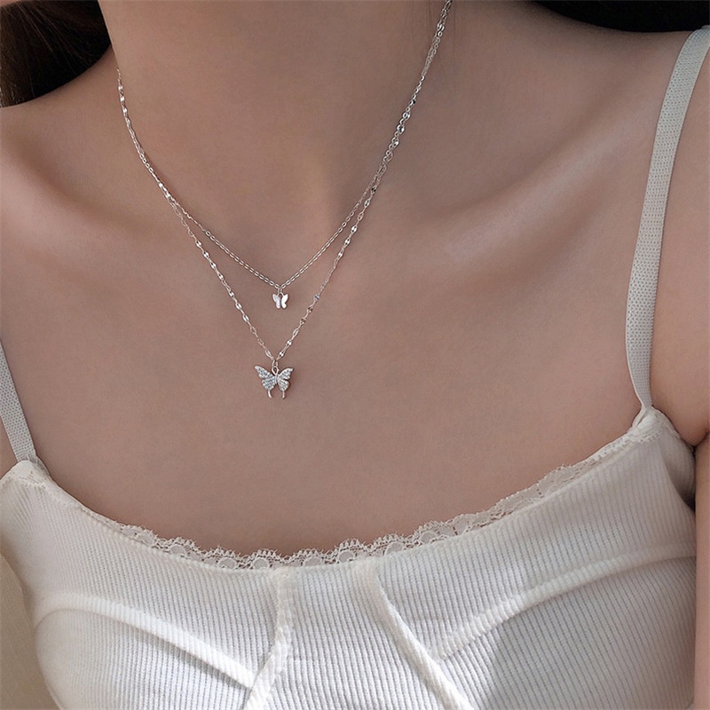 Vòng cổ Thép Titan Hai Lớp Mặt Hình Bướm Đính Đá Kim Cương Nhân Tạo Hàng Mới Dành Cho Nữ