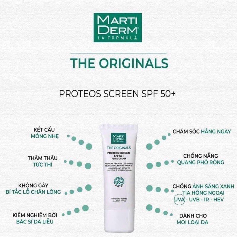 [ Tặng Sữa Rửa Mặt ] Kem Chống Nắng Phổ Rộng Martiderm The Originals Proteos Screen SPF50+ Sáng Da Ngừa Lão Hóa