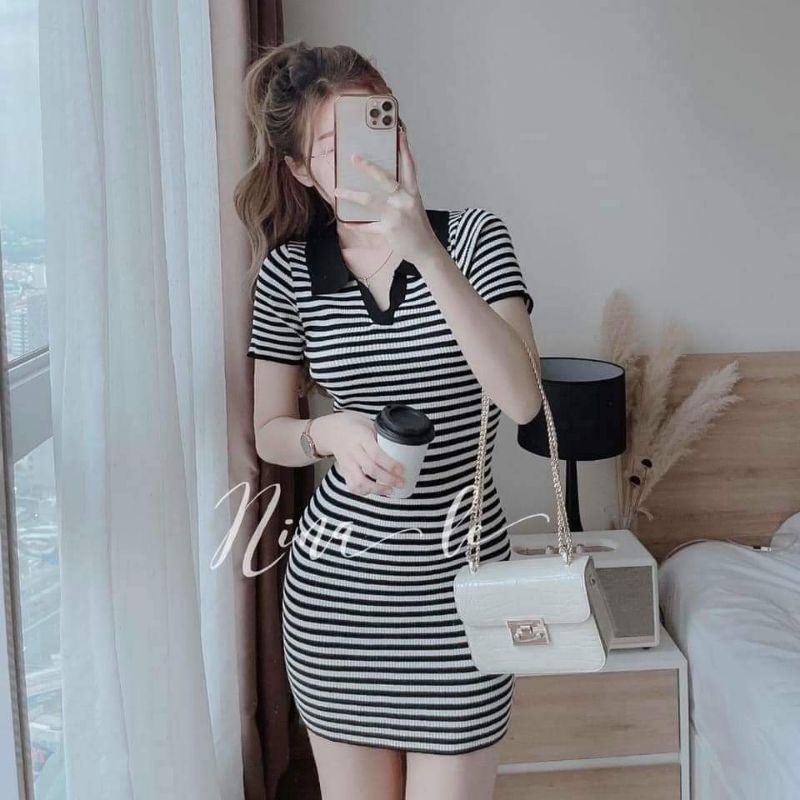 Đầm Thun Suông Kẻ Sọc Ngang Cổ Áo Polo | BigBuy360 - bigbuy360.vn