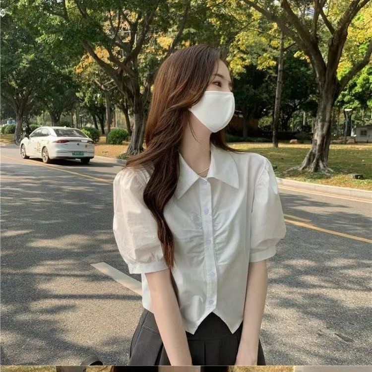 Áo sơ mi MURIOKI tay phồng màu trắng thiết kế không đồng đều phong cách Hàn Quốc thời trang cho nữ