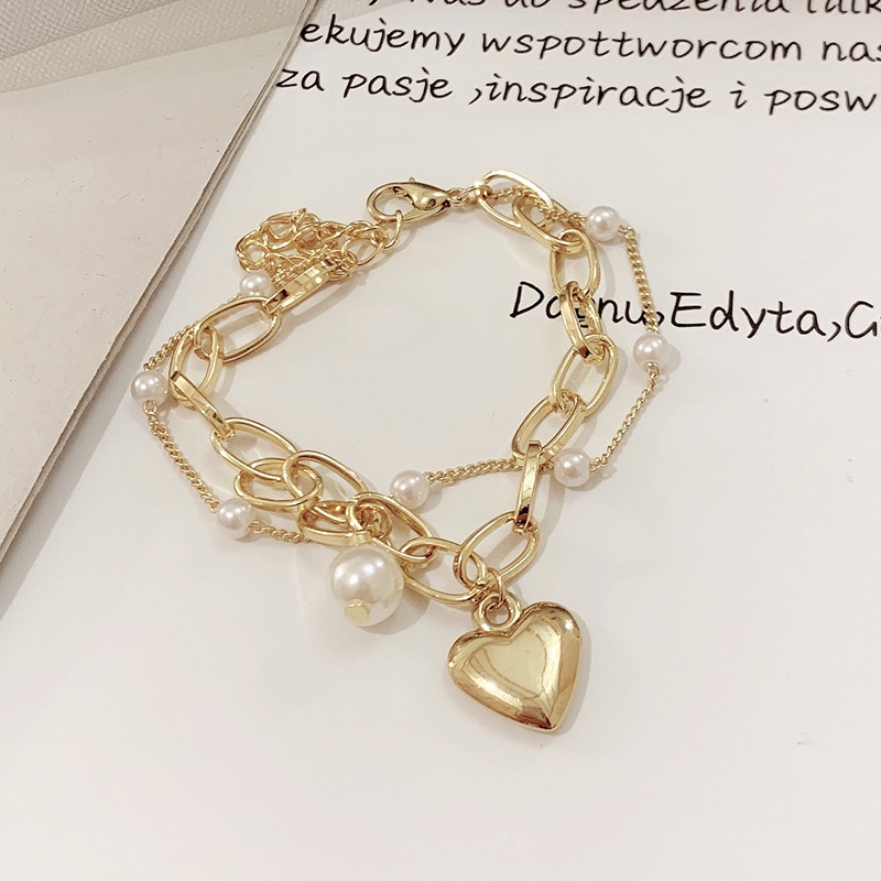 Vòng Tay Hai Lớp Đính Hạt Ngọc Trai Và Trái Tim Thời Trang Hàn Quốc Đơn Giản Cá Tính Dành Cho Nữ