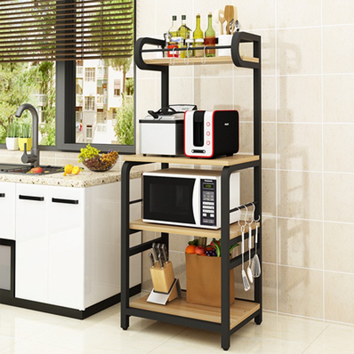 Tủ Kệ nhà bếp, lò vi sóng 4 tầng bằng gỗ khung thép không gỉ cao cấp Giá để đồ nhà bếp đa năng tiết kiệm không gian bếp