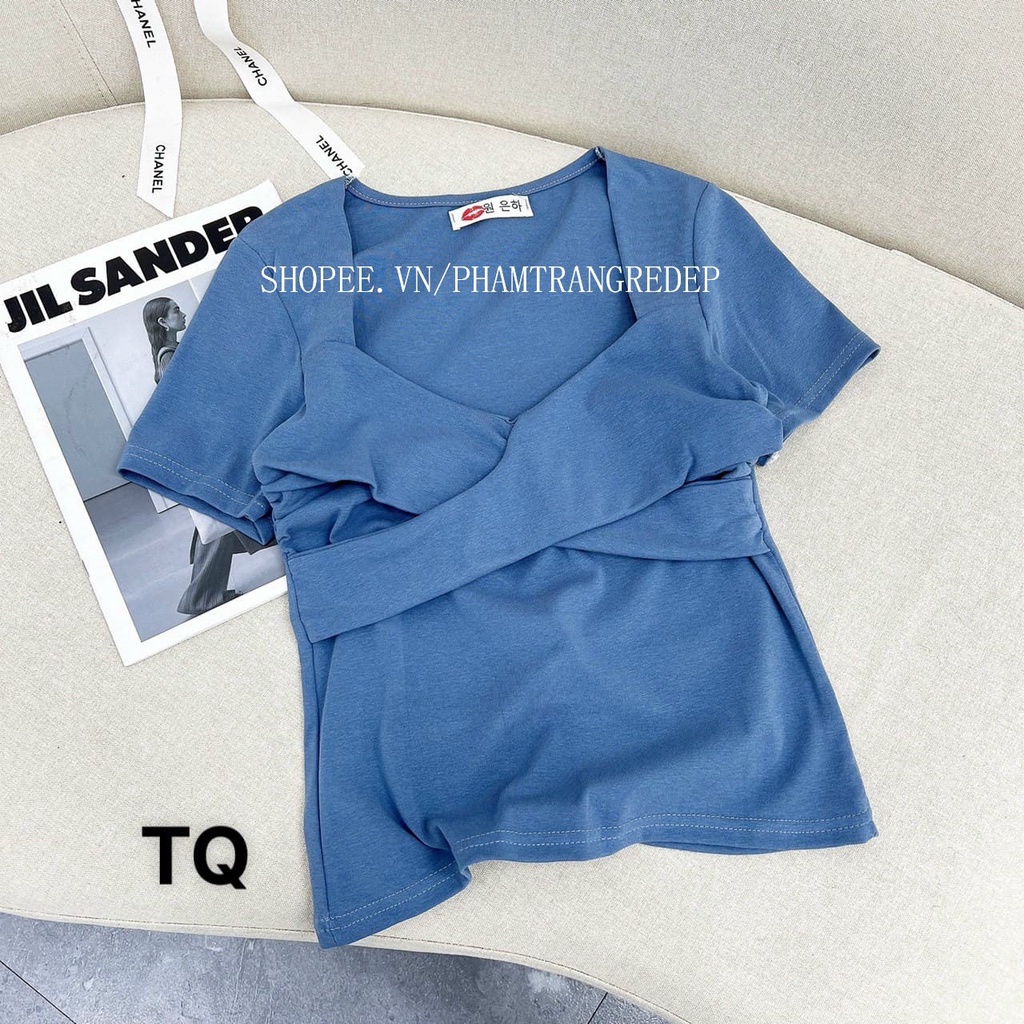Áo kiểu tay ngắn cổ vuông xoắn ngực trơn cực xinh , chất thun bozip mềm mịn AT008 - phamtrangredep shop