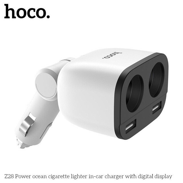 Thiết bị cốc sạc xe hơi xe ô tô đa năng Hoco Z28 2 cổng usb 2 tẩu sạc có đồng hồ hàng chính hãng bền đẹp bảo bệ an toàn