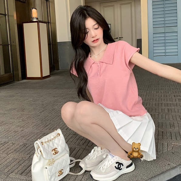 【ZHELIHANGFEI】Áo Thun POLO Dệt Kim Tay Ngắn Dáng Rộng Dễ Phối Đồ