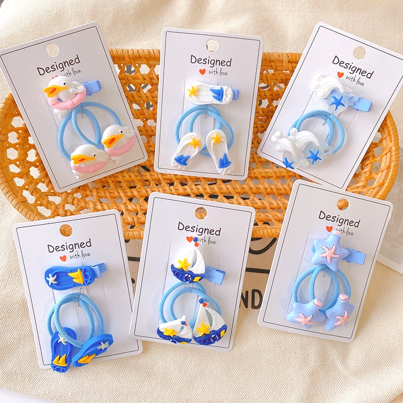 Bộ 3 Dây Buộc Tóc Cao Su Co Giãn Họa Tiết Đại Dương Hoạt Hình Dễ Thương Cho Bé Gái