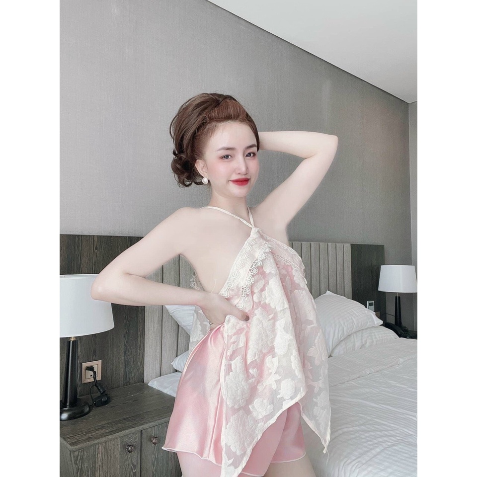 Set yếm satin, set yếm phối ren, bộ ngủ yếm dễ thương, bộ ngủ ren màu paste siêu xinh mịn mát