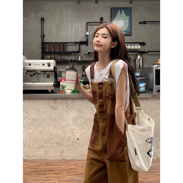 Quần yếm kaki unisex nam nữ dáng dài rộng màu nâu vintage phong cách Hàn quốc