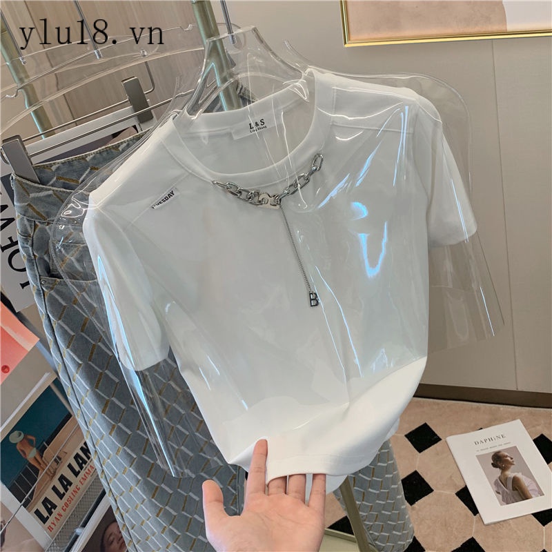 Áo Thun Tay Ngắn Phối Dây Xích Bằng Cotton Nguyên Chất Phong Cách Mới Mùa Hè 2022