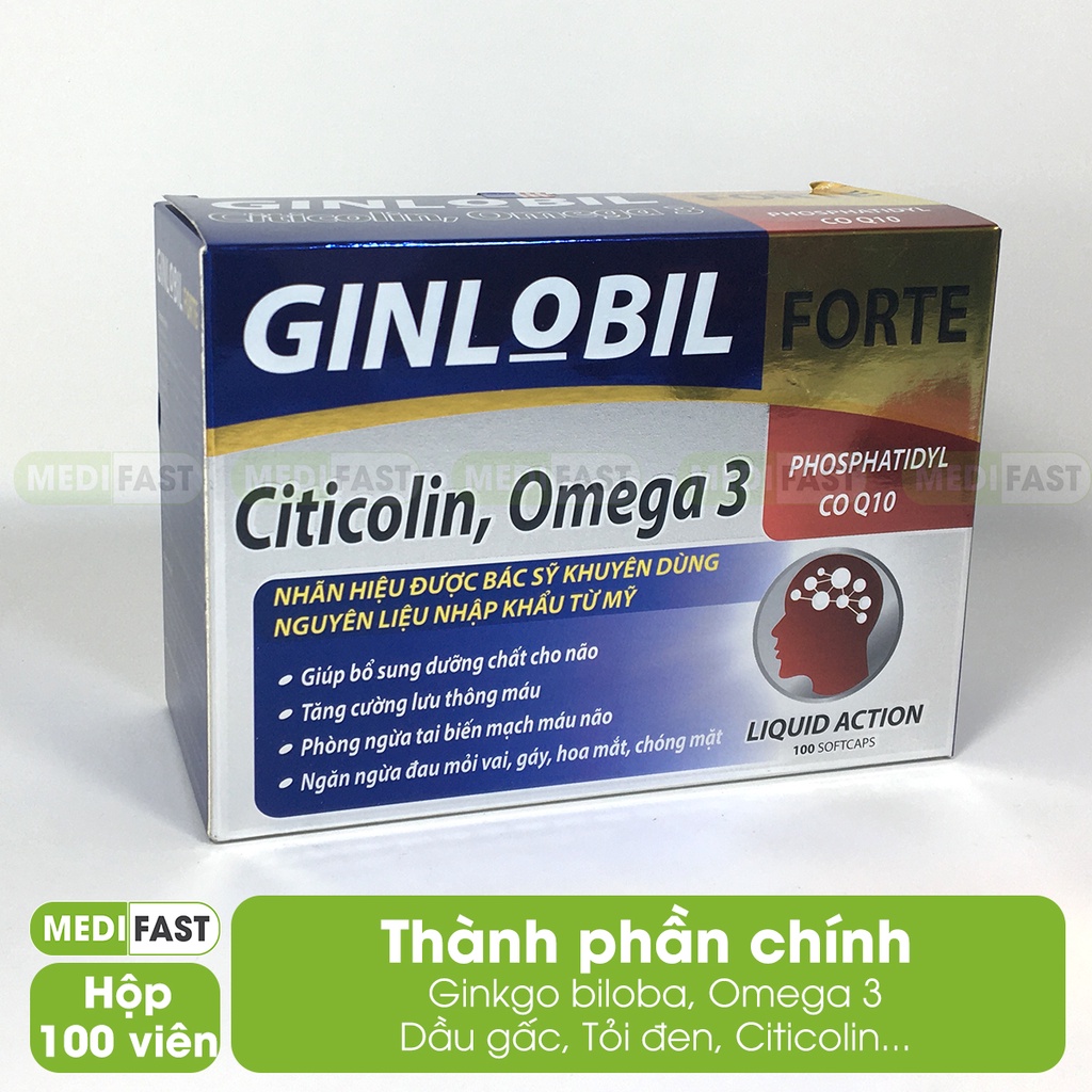 Tăng cường lưu thông máu não GINLOBIL FORTE Hộp 100v - Viên uống bổ sung dưỡng chất cho não chứa Citicolin, Omega 3