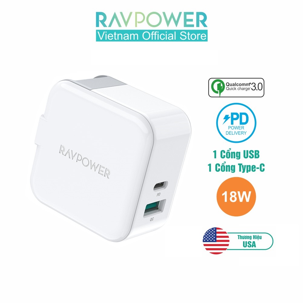 Củ Sạc Nhanh 18W 2 Cổng RAVPower RP-PC110 - PD 3.0 - QC 3.0 - Tặng Kèm Chân Cắm EU - Hàng Chính Hãng - Bảo Hành 12 Tháng