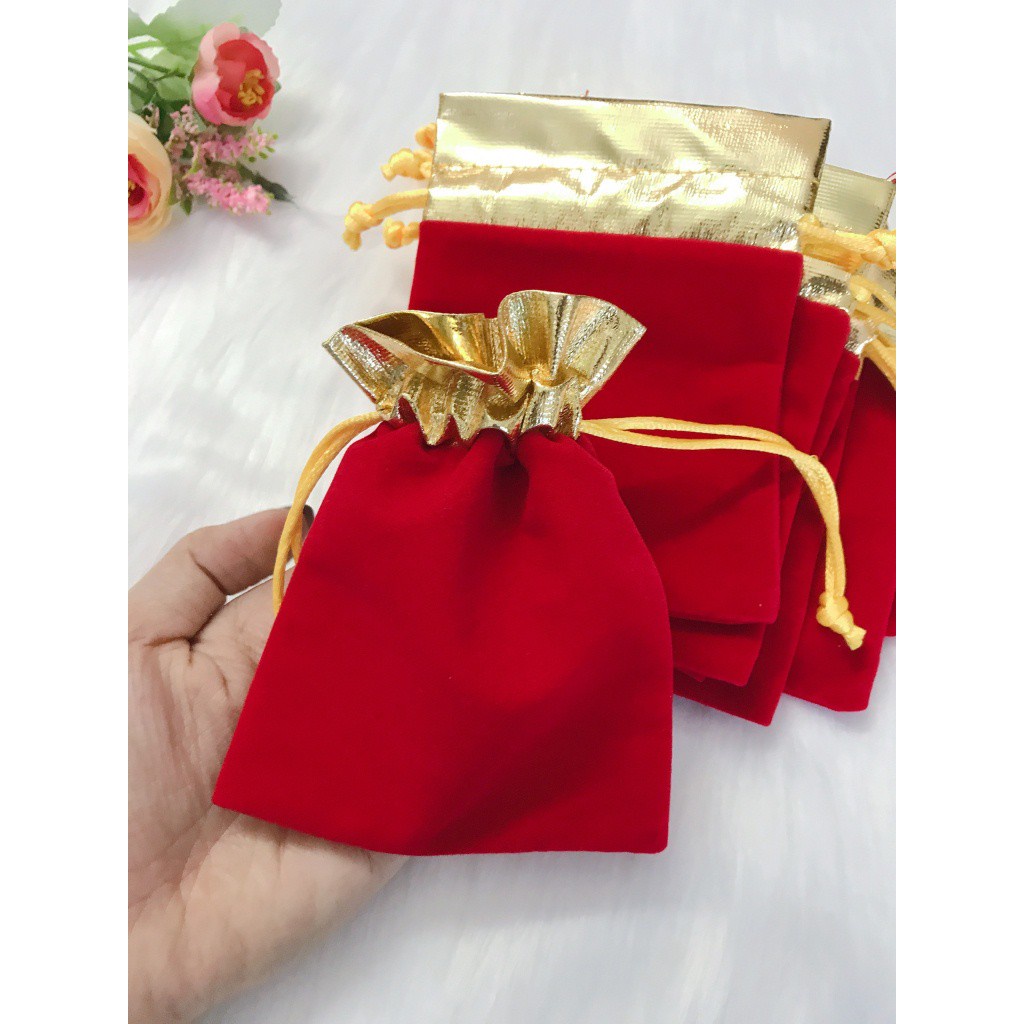 Túi rút nhung may mắn size 10x13cm màu đỏ loại mịn đẹp