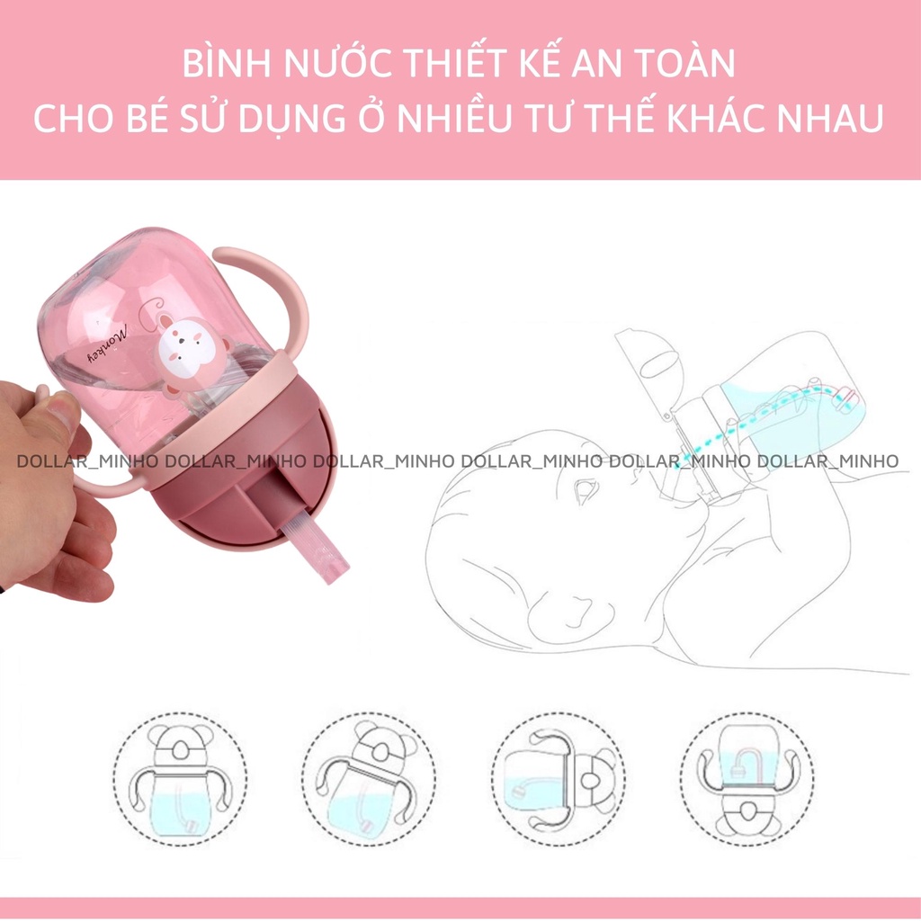 Bình tập uống nước 250ml có van chống sặc, có tay cầm cho bé từ 7m, nhiều hình ngộ nghĩnh, chất liệu nhựa PP CC an toàn