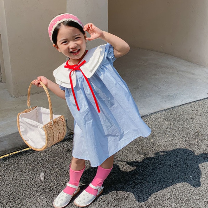 Đầm Công Chúa Tay Phồng Cổ Búp Bê Màu Sắc Tương Phản Thời Trang Mùa Hè Hàn Quốc Cho Bé Gái