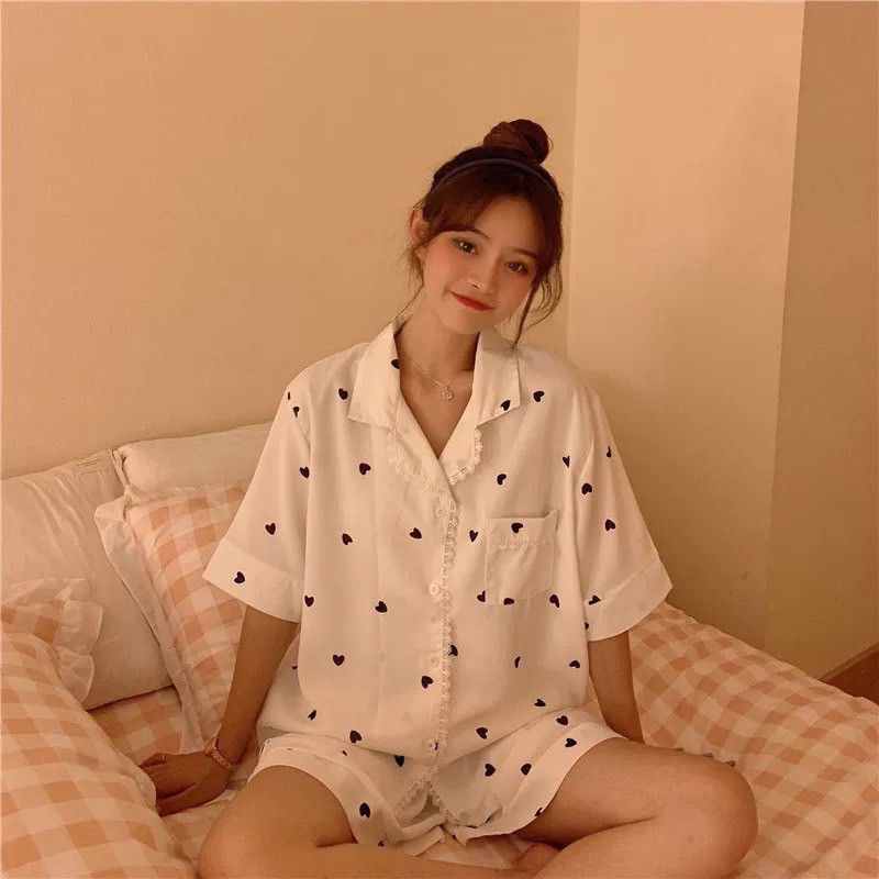 [HÀNG ORDER 3 NGÀY]  🔆  Bộ đồ ngủ Trắng áo sơ mi kèm quần vải Cotton in Hình trái tim xinh xắn hàng Quảng Châu cao cấp