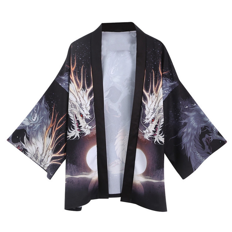 Áo Sơ Mi Kimono Màu Đen In Hình Rồng Phong Cách Vintage Nhật Bản Cho Nam Giới