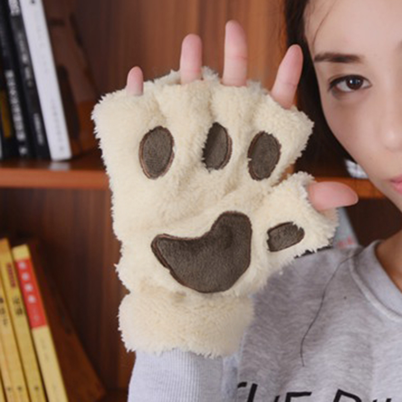 Găng tay giữ ấm bằng nhung thiết kế hở ngón họa tiết chân mèo đáng yêu