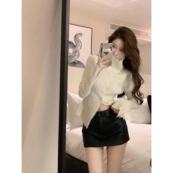 Áo len dệt kim xẻ tà áo len nữ dài tay trượt vai thiết kế hot girl Hàn Quốc
