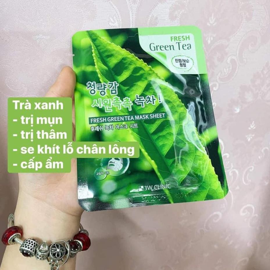 Combo 10 Túi Mặt nạ giấy dưỡng da giảm dầu mụn chiết xuất Trà Xanh 3W Clinic Hàn Quốc 23mlx10