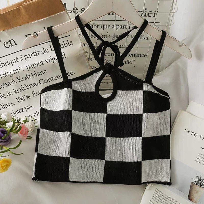 Áo croptop 2 dây mỏng dệt kim kiểu yếm sexy ôm có dây treo hoạ tiết caro bàn cờ phong cách hàn quốc AC04