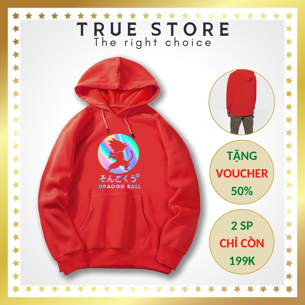 Áo khoác nỉ hoodie phản quang in hình DRAGON BALL Freesize dưới 75kg màu đỏ tươi, True Store đảm bảo, KN33