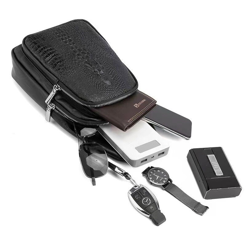 Túi đeo chéo da bò dập Vân cá sấu, túi xách da bao tử nam đeo ngực hông bụng cao cấp đẹp - A&ESHOP 65657