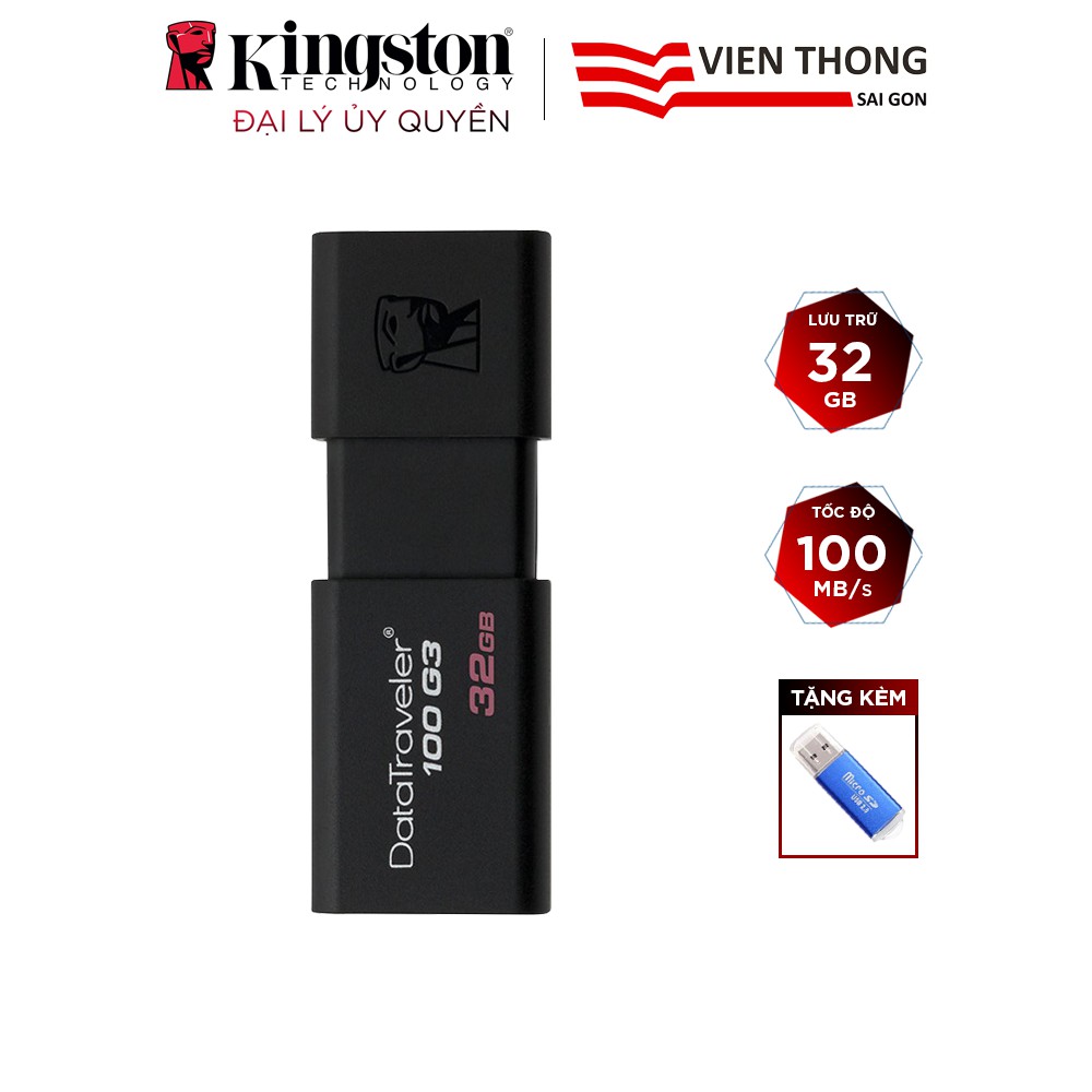 USB 3.0 Kingston DT100G3 32GB tốc độ upto 100MB/s tặng đầu đọc thẻ - Hãng phân phối chính thức